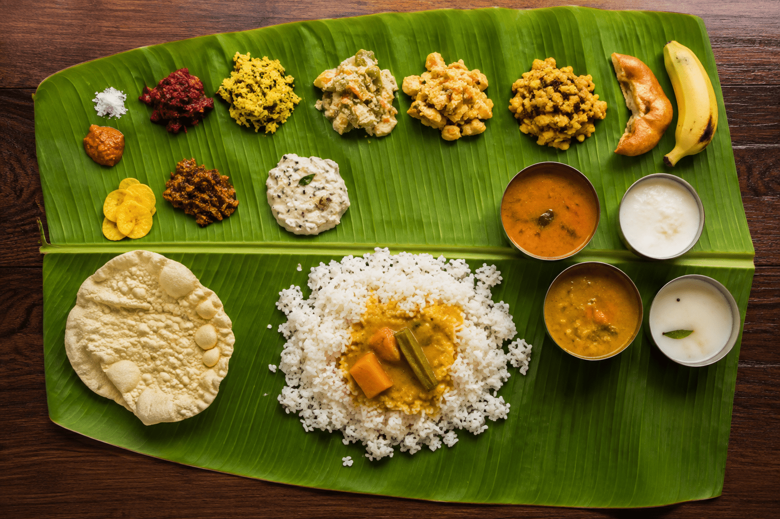 Traditional South Indian banana leaf meal with rice and assorted dishes