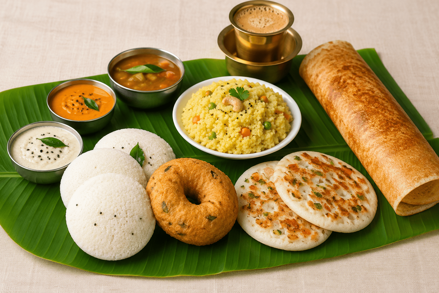 Traditional South Indian Muhurtham breakfast pure veg with idli, dosa, vada, upma and chutneys