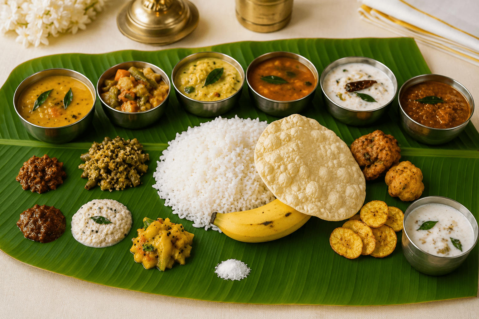 Traditional South Indian wedding lunch pure veg served on a banana leaf with rice, curries and traditional dishes