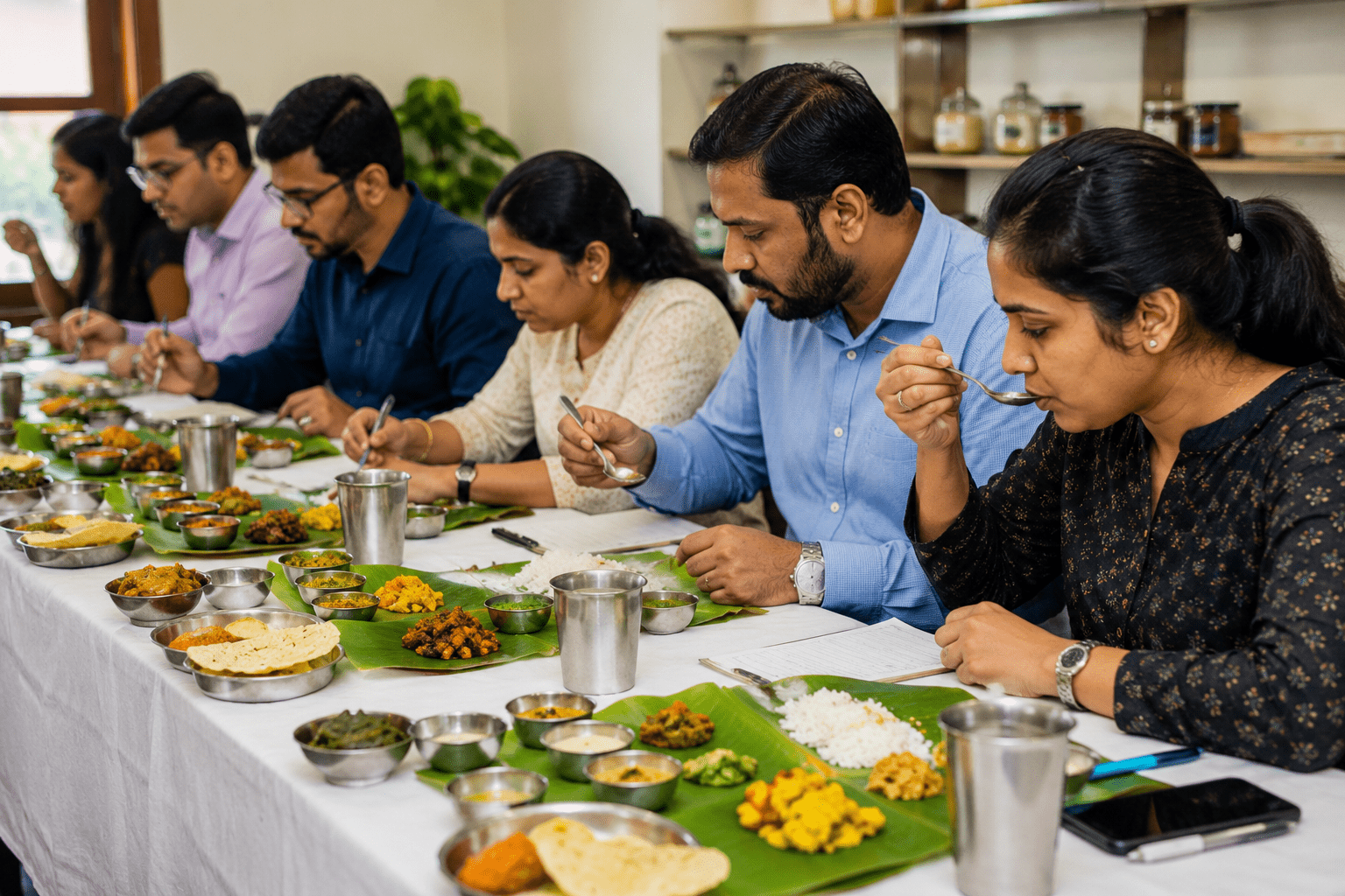 South Indian food tasting session with traditional dishes on banana leaves