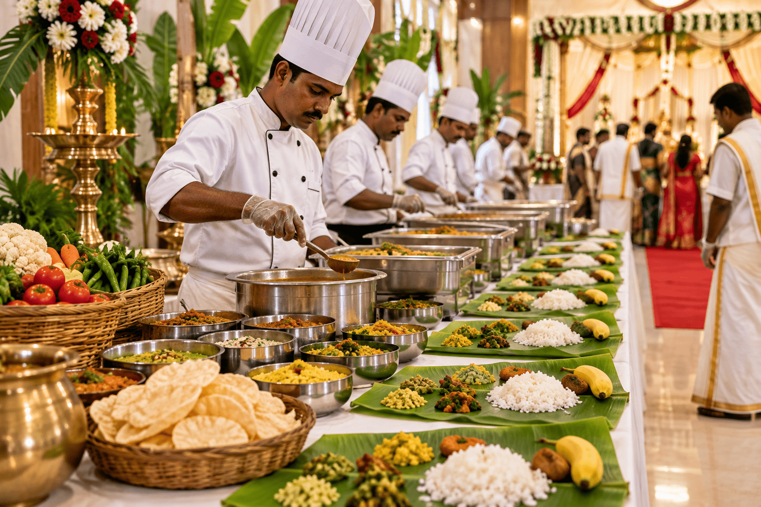 South Indian wedding catering team preparing traditional banana-leaf meals for wedding guests