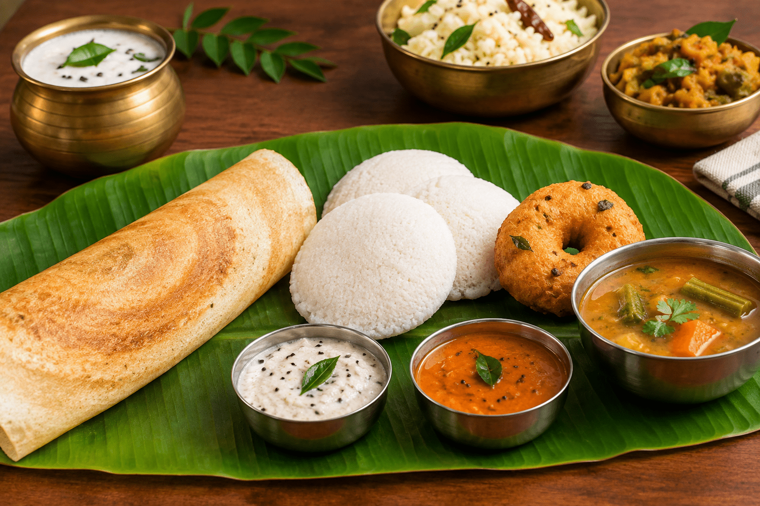 Authentic South Indian dishes with dosa, idli, vada and sambar