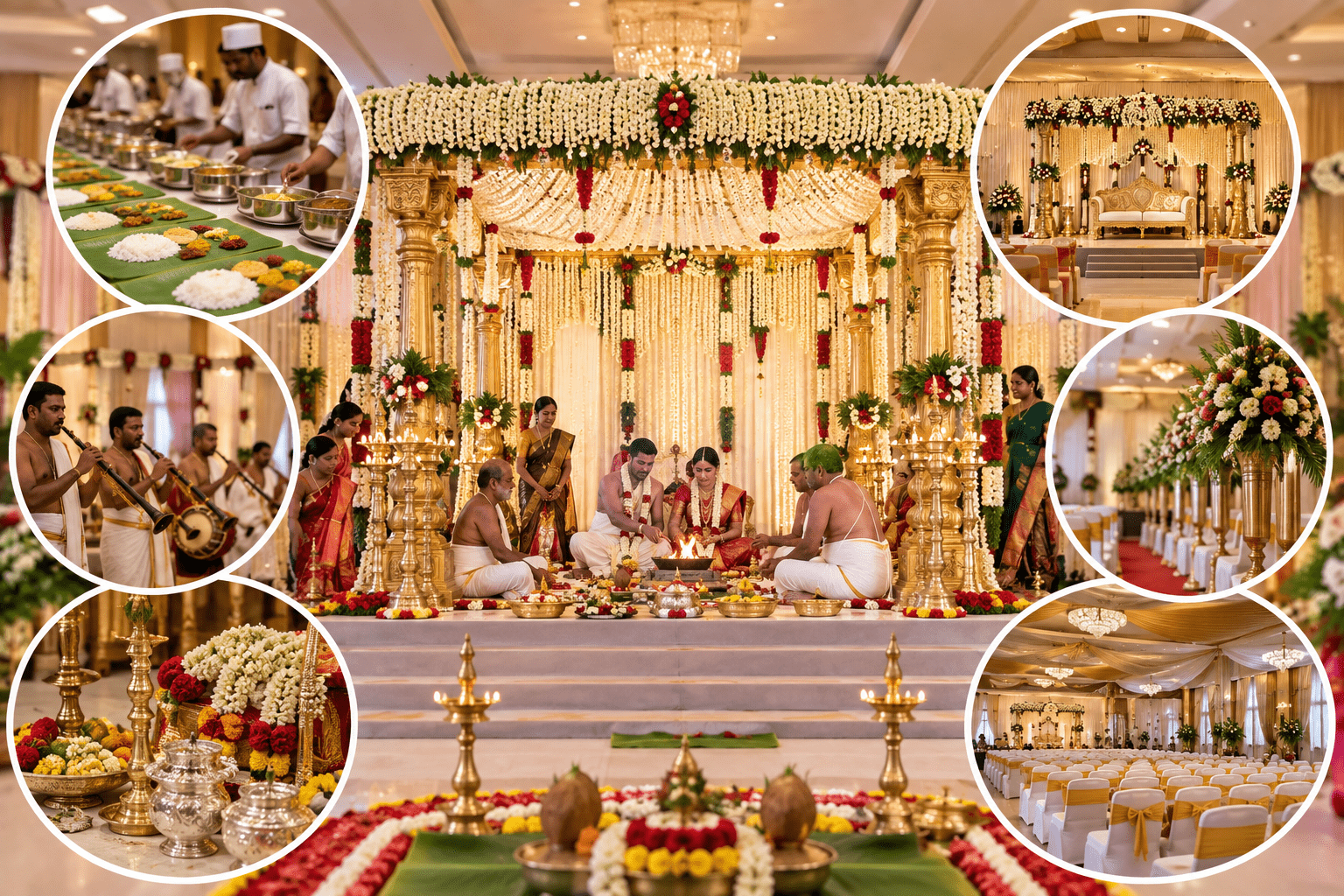 South Indian wedding catering team preparing traditional banana-leaf meals for wedding guests